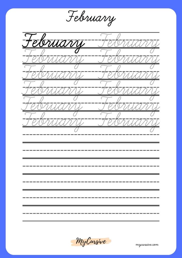 February in Cursive Worksheet and printables