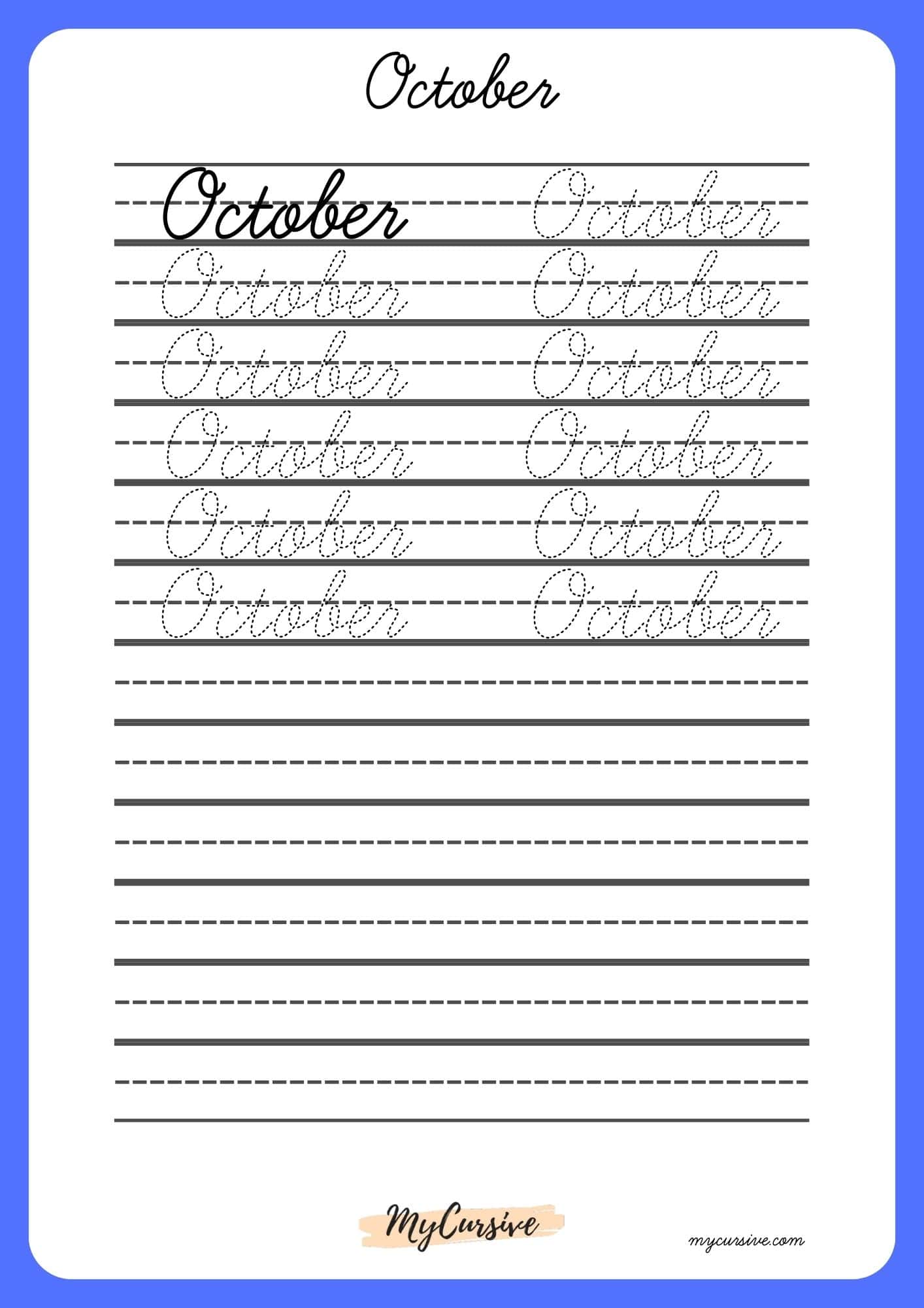 October in cursive worksheet and printables 
