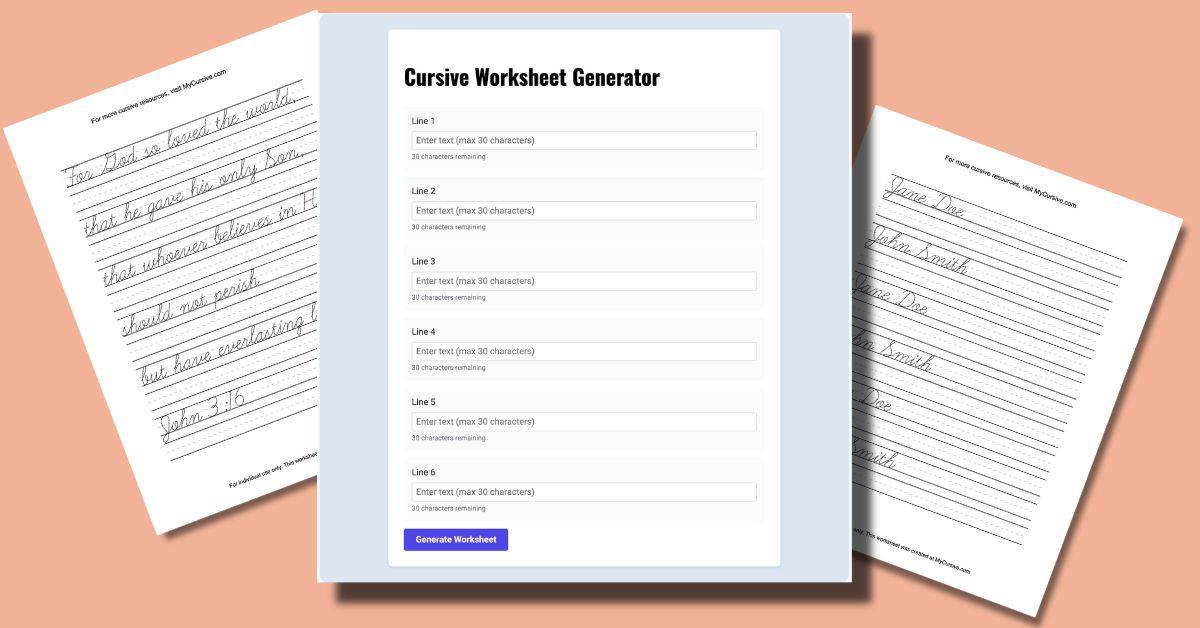 Feature image for MyCursive's Cursive Worksheet Generator that shows a picture of the tool along with a couple of worksheets that were generated using it.