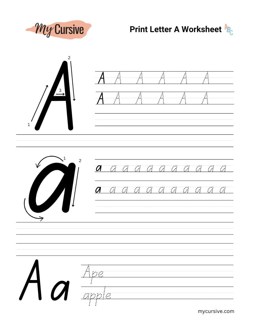 A worksheet with instructions for tracing an uppercase and lowercase letter a