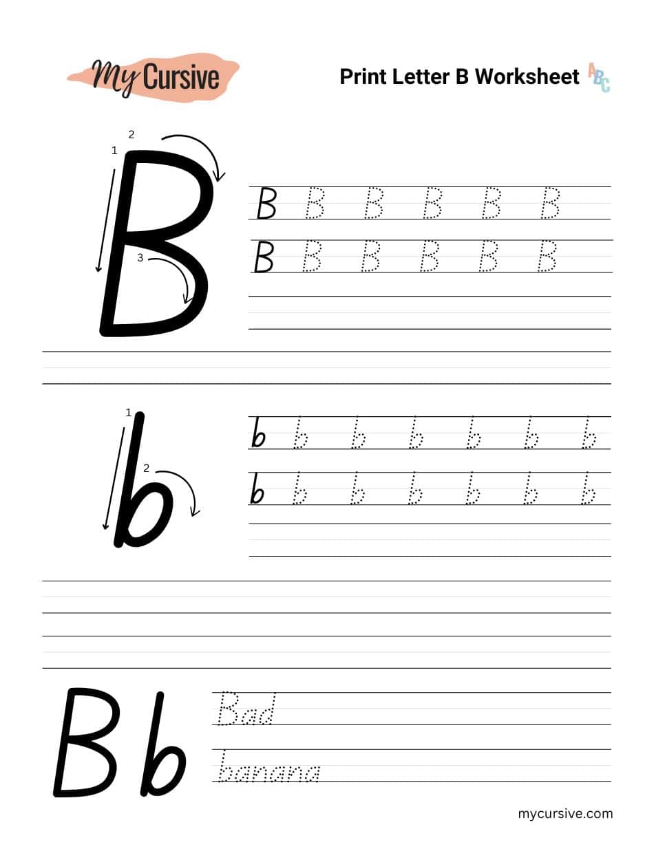 A worksheet with instructions for tracing an uppercase and lowercase letter b