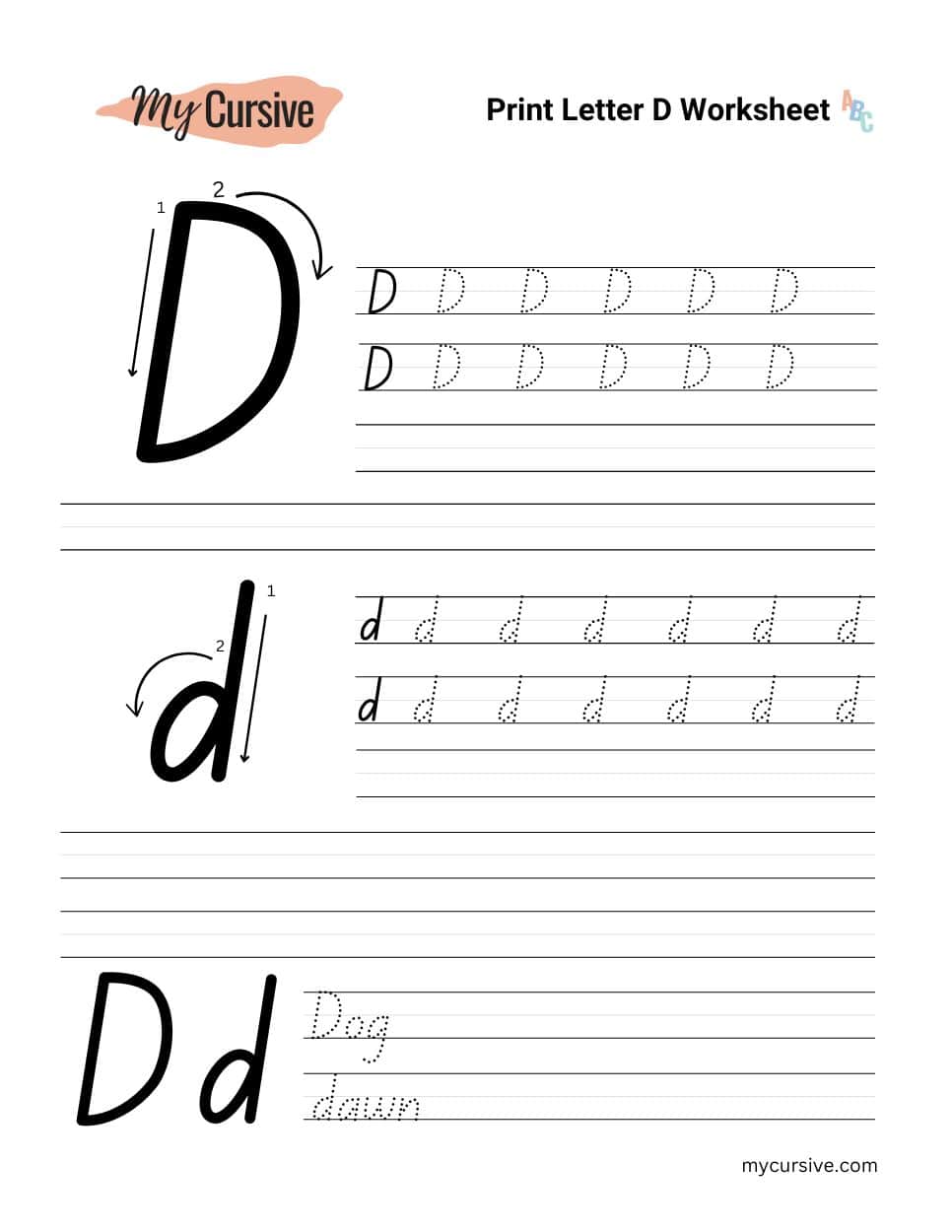 A worksheet with instructions for tracing an uppercase and lowercase letter d