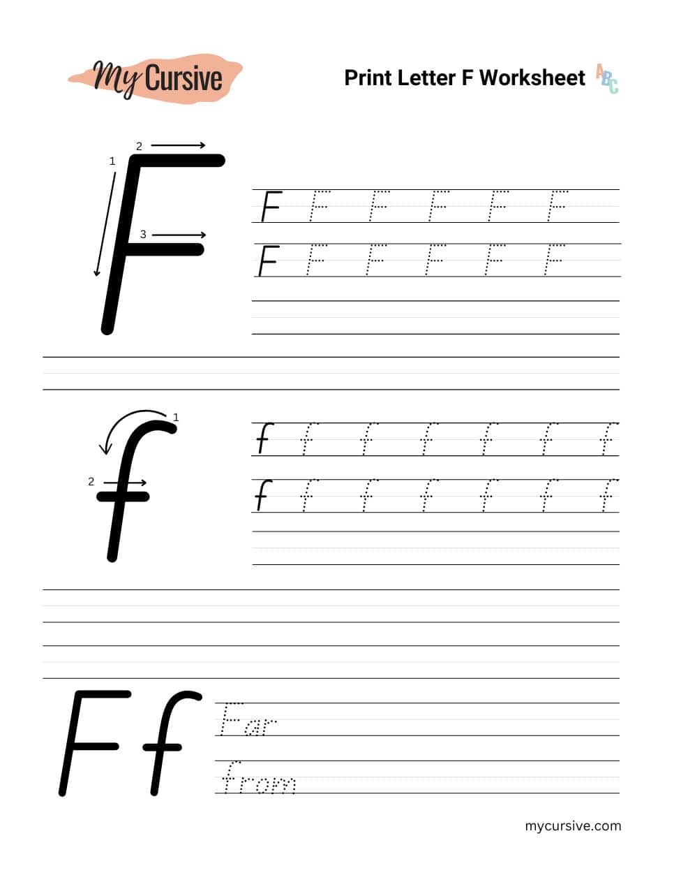 A worksheet with instructions for tracing an uppercase and lowercase letter f