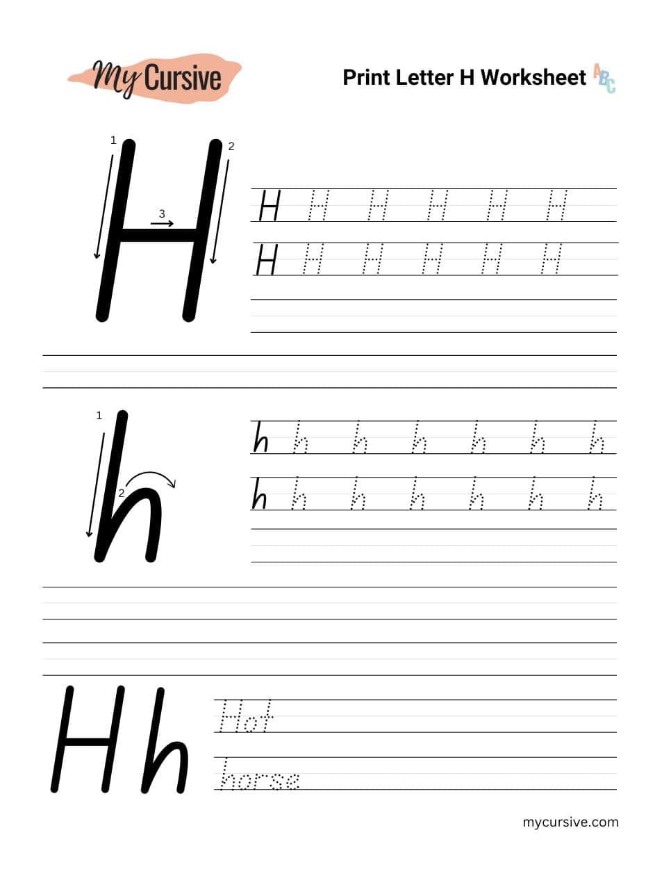 A worksheet with instructions for tracing an uppercase and lowercase letter h