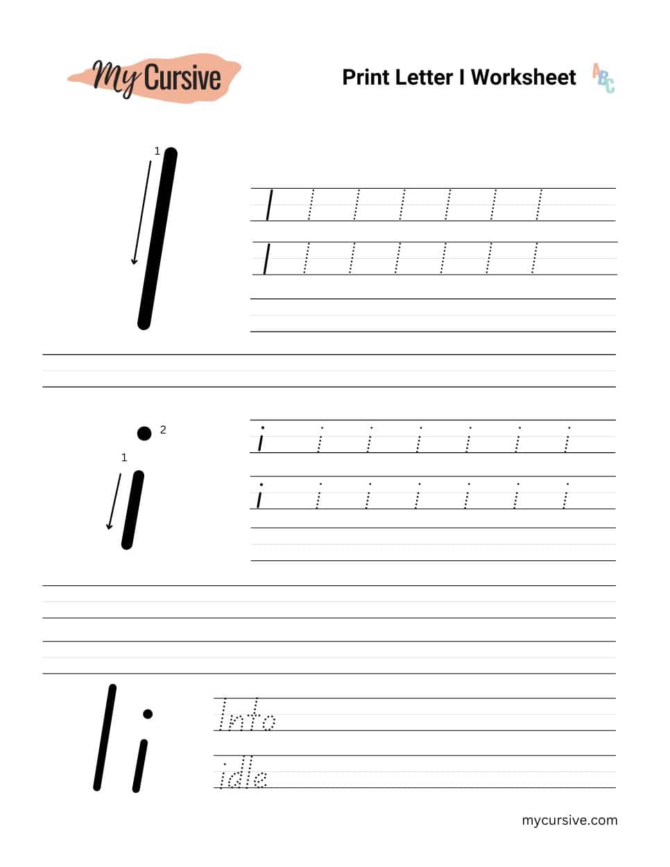 A worksheet with instructions for tracing an uppercase and lowercase letter i
