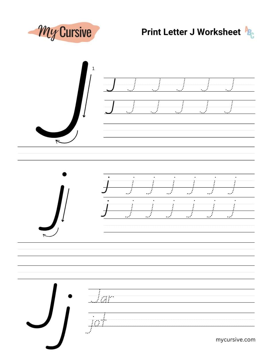 A worksheet with instructions for tracing an uppercase and lowercase letter j