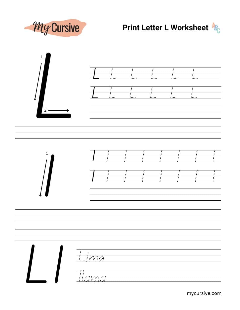 A worksheet with instructions for tracing an uppercase and lowercase letter l
