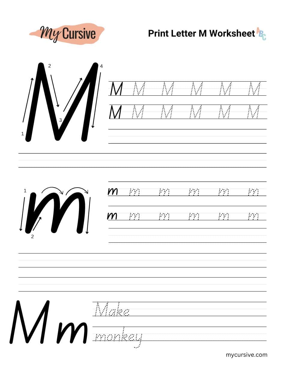 A worksheet with instructions for tracing an uppercase and lowercase letter m