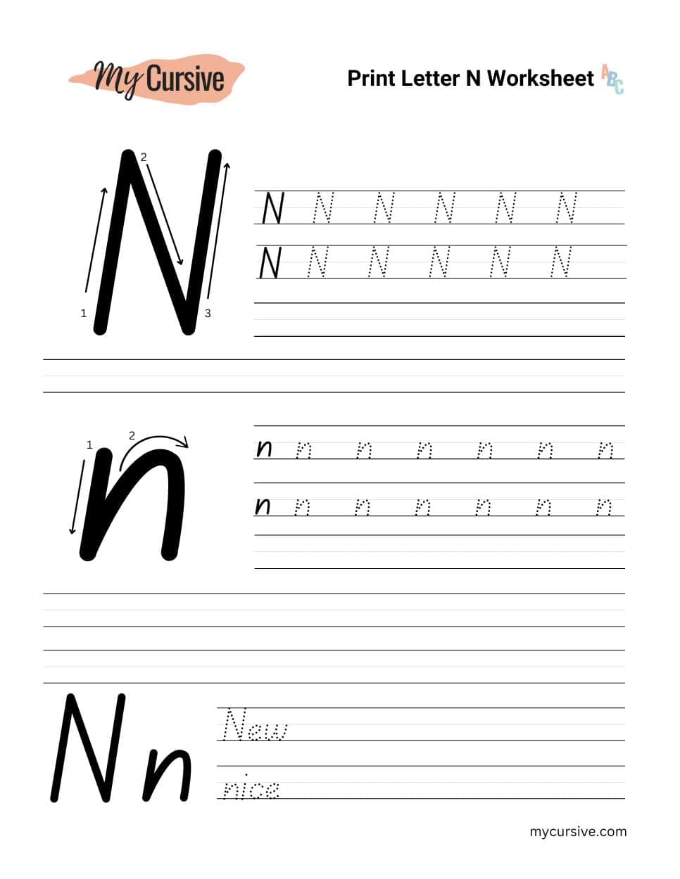 A worksheet with instructions for tracing an uppercase and lowercase letter n
