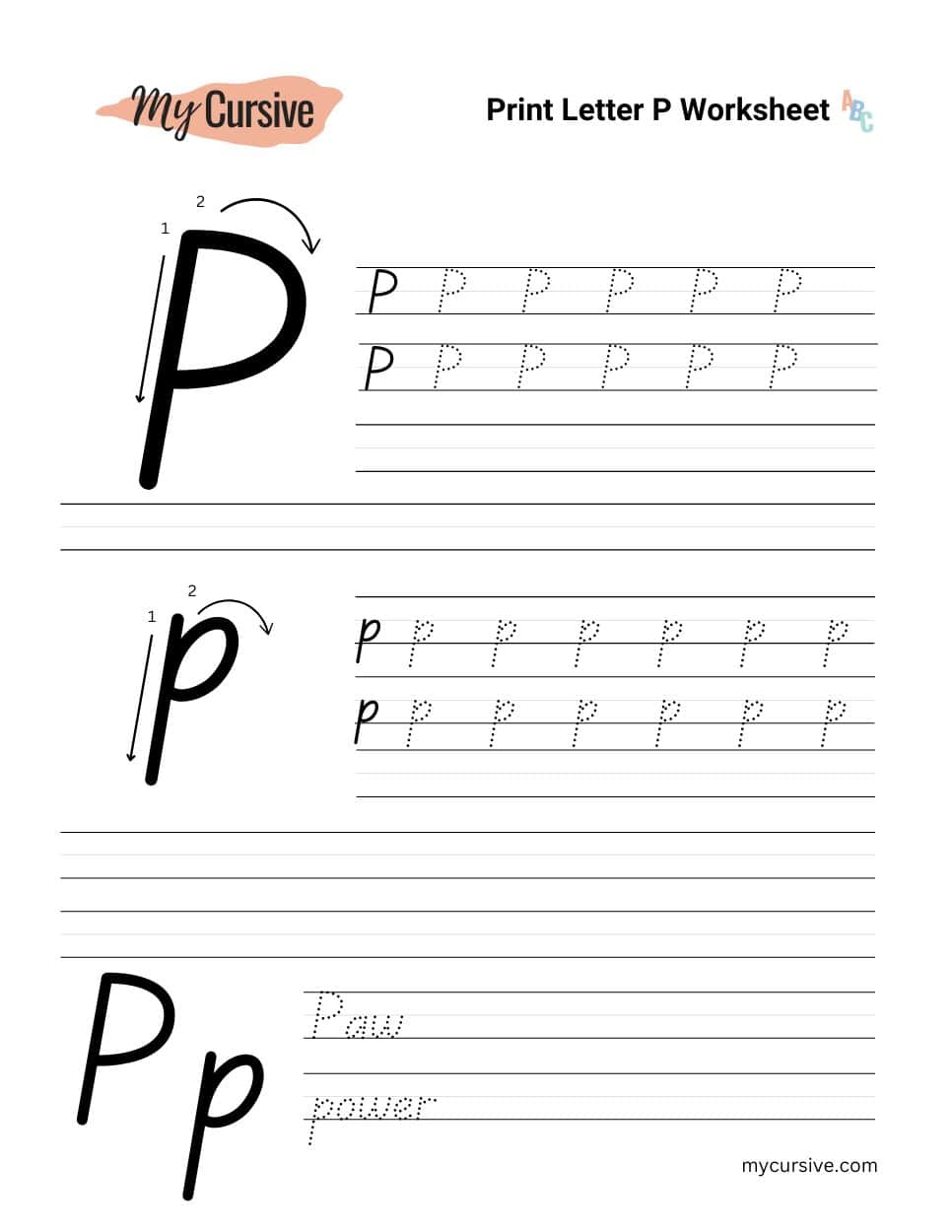 A worksheet with instructions for tracing an uppercase and lowercase letter p
