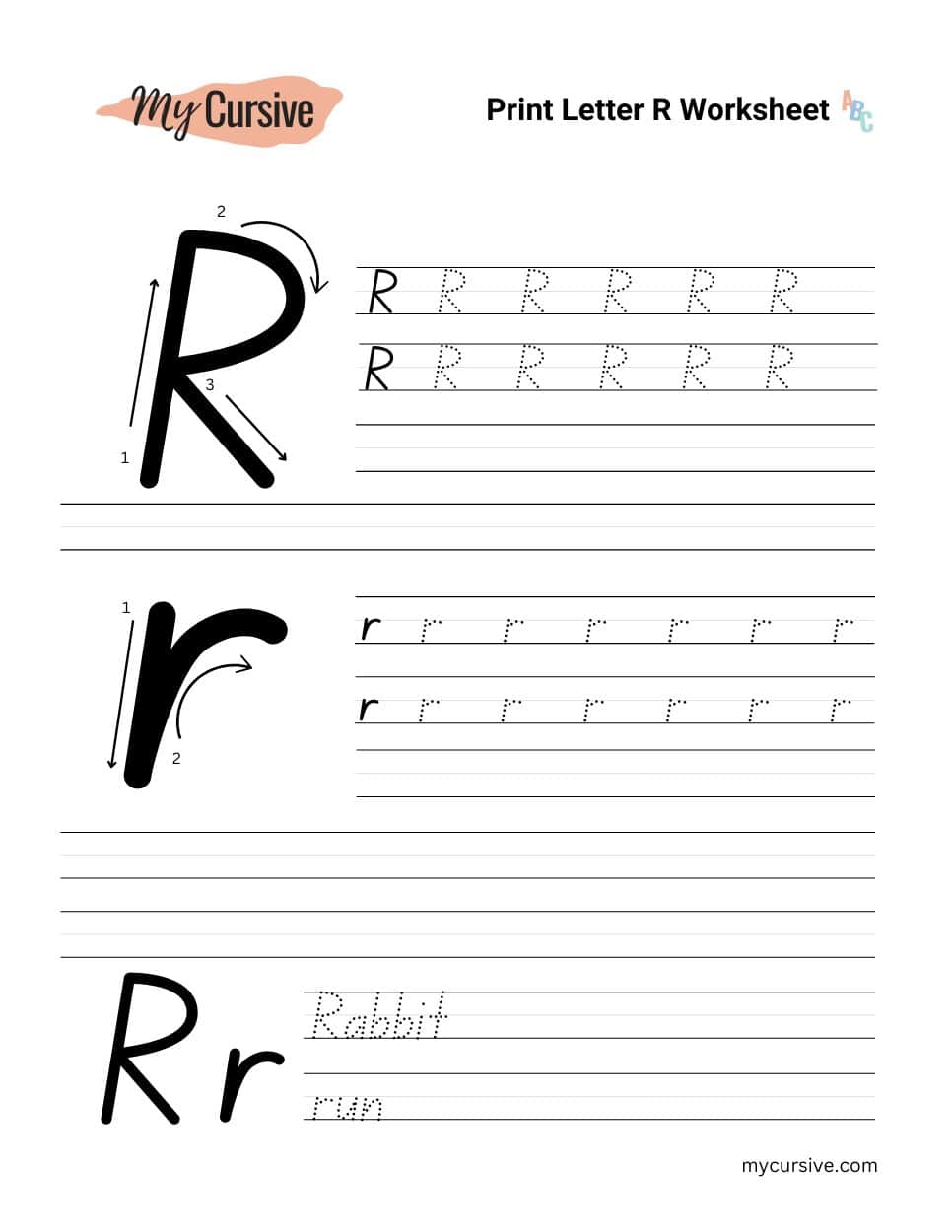 A worksheet with instructions for tracing an uppercase and lowercase letter r