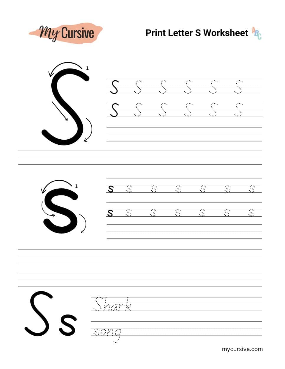 A worksheet with instructions for tracing an uppercase and lowercase letter s