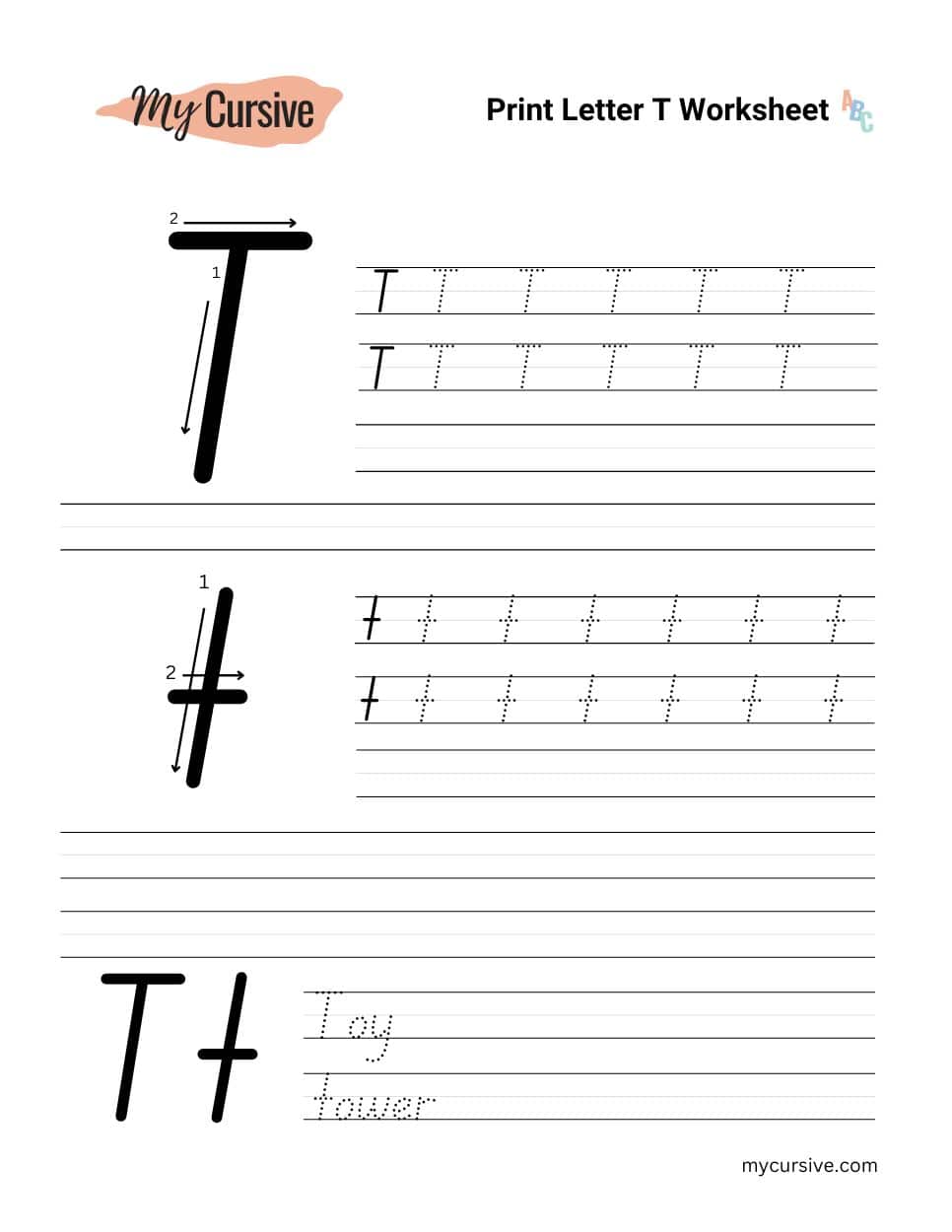 A worksheet with instructions for tracing an uppercase and lowercase letter t