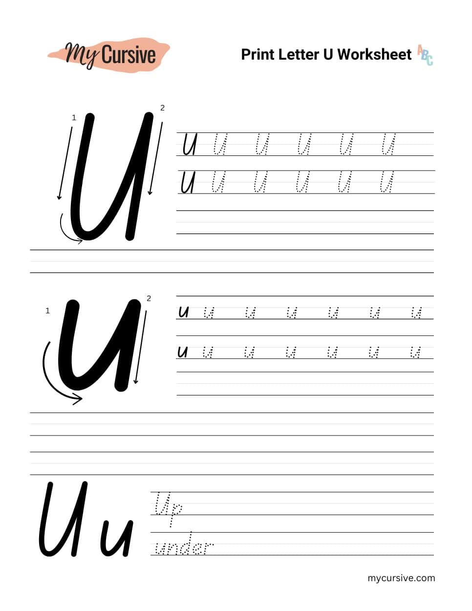 A worksheet with instructions for tracing an uppercase and lowercase letter u