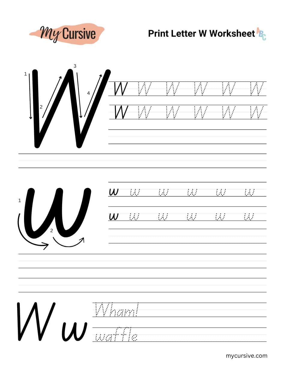 A worksheet with instructions for tracing an uppercase and lowercase letter w