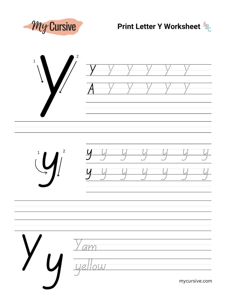 A worksheet with instructions for tracing an uppercase and lowercase letter y