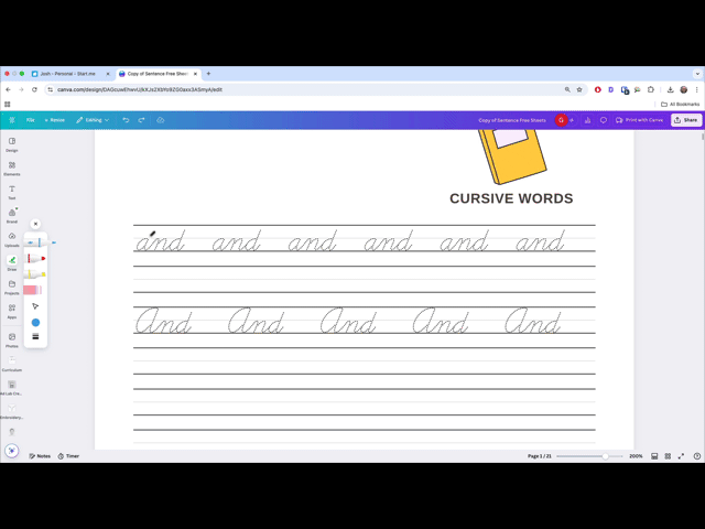 Visual tutorial of writing the word and in cursive.