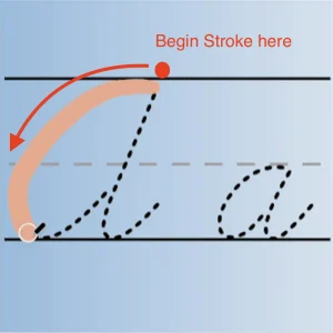 The first step in writing an uppercase a shown in an image