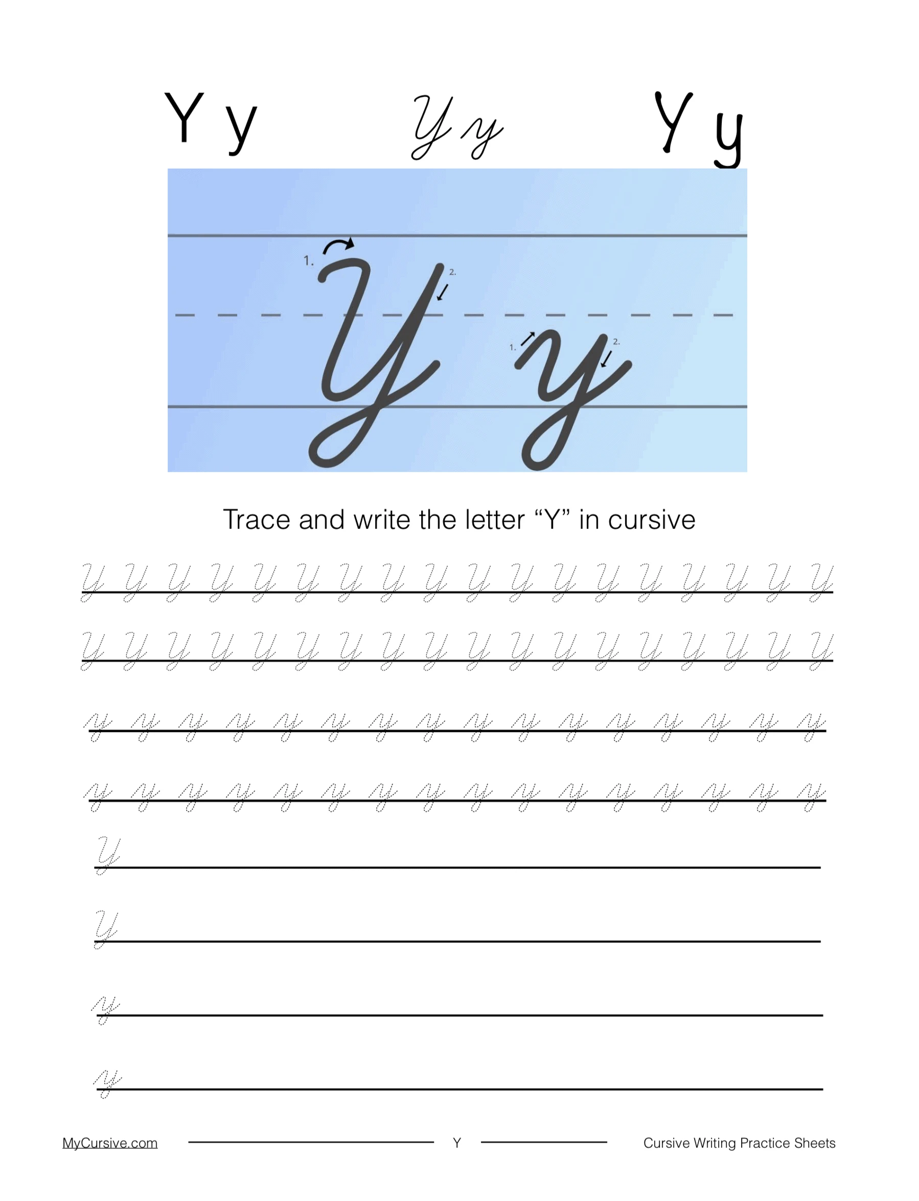 Worksheet for the cursive letter y in uppercase and lowercase