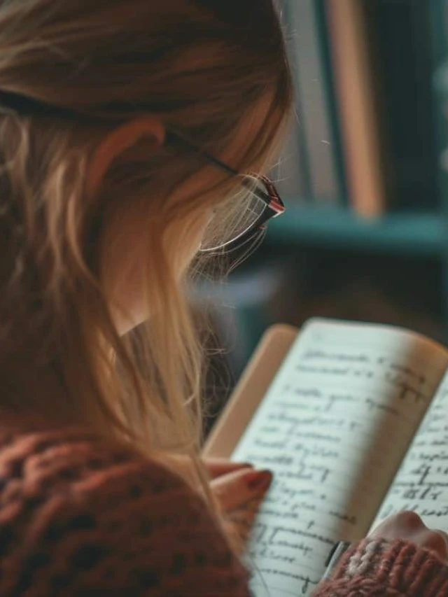 A girl wondering how to read cursive writing, trying to read handwritten notes in a book.