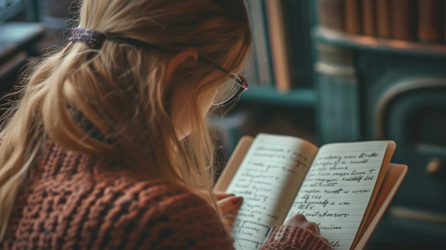 A girl wondering how to read cursive writing, trying to read handwritten notes in a book.