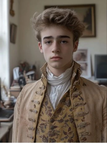 A Gen Z or Gen Alpha male, dressed up in late 18th Century clothes standing in a modern room with a computer.