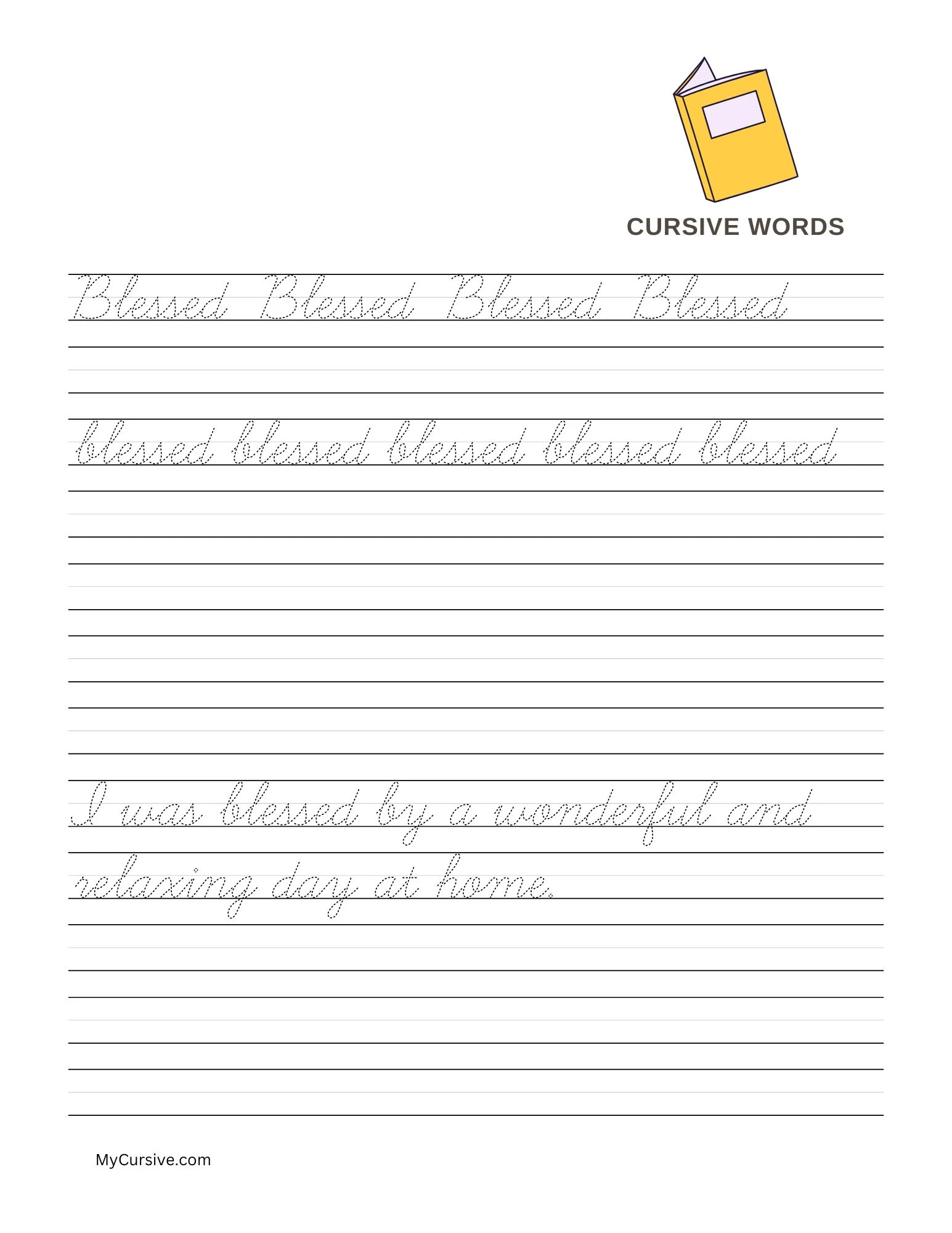 Image of the free worksheet for the word blessed in cursive handwriting.